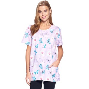 Casual Nights Women's Snap Front Smock Cobbler Woven Scrub Apron Top with Pockets - Blue Plaid - 3X-Large - 1 of 4