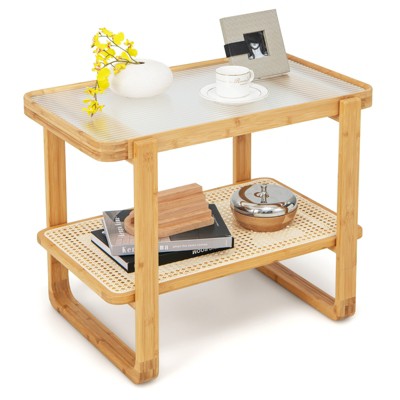 Tangkula 1pc/2pcs 2-tier Bamboo Side Table w/ Glass Top End Table w/ PE Rattan Shelf Home Sofa Side Table w/ Storage Nightstand Bedside Table