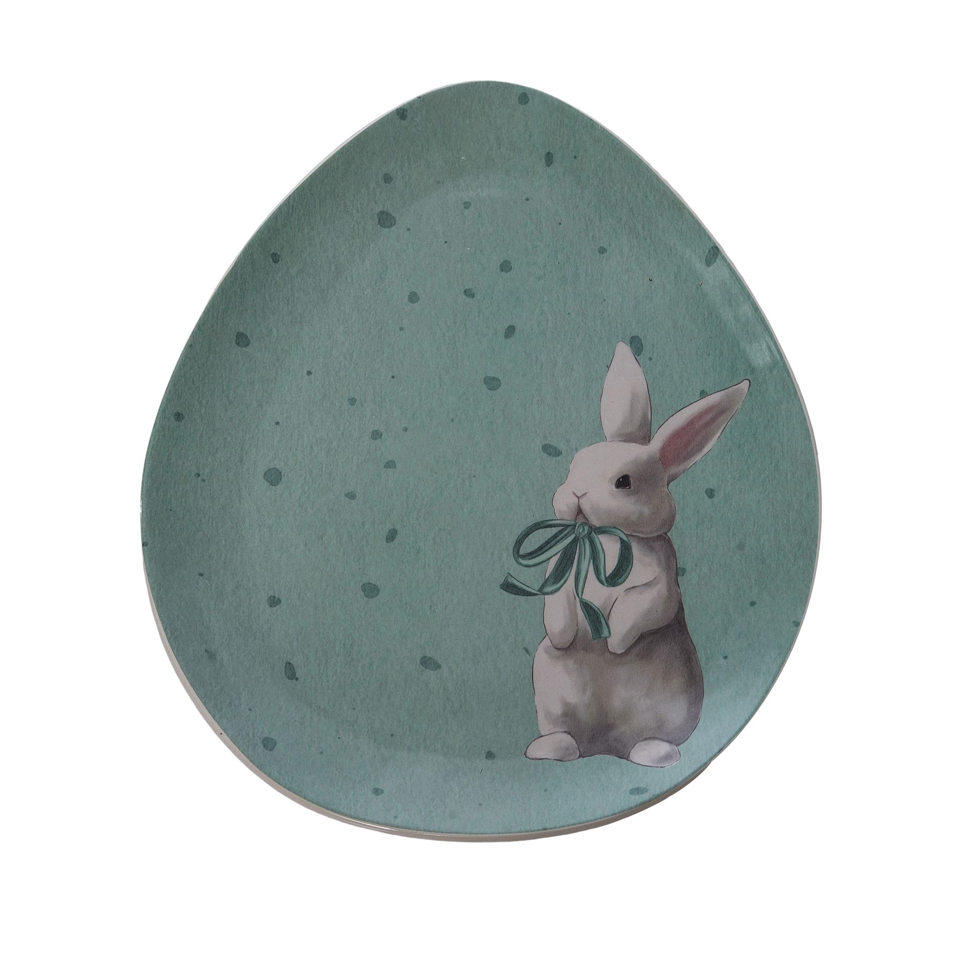 Transpac Ceramic Egg Shaped Platter with Mint Julep Bunny Multicolored for Easter Serving and Entertaining