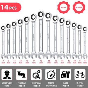 14-Piece Fixed Head Ratchet Wrench Set, Metric, 72-Tooth Mirror Polished Chrome Finish - 1 of 4