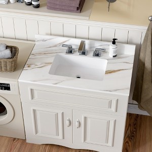 KWPZQEB Marble Vanity Top, with Undermount Rectangular Middle Sink and 4" Height Backsplash, 3 Predrilled Centerset, Carrara white with veins - 1 of 4