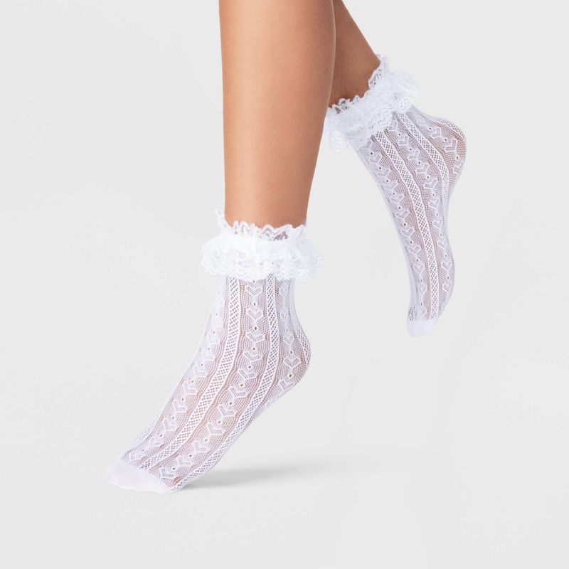 Women&#39;s Crochet Heart Sheer Anklet Socks with Lace Ruffle - A New Day&#8482; White 4-10, 1 of 3