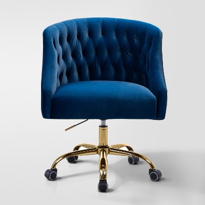 Anika Velvet Height-adjustable Swivel Task Office Chair with Button-tufted Back and Gold Base | Karat Home