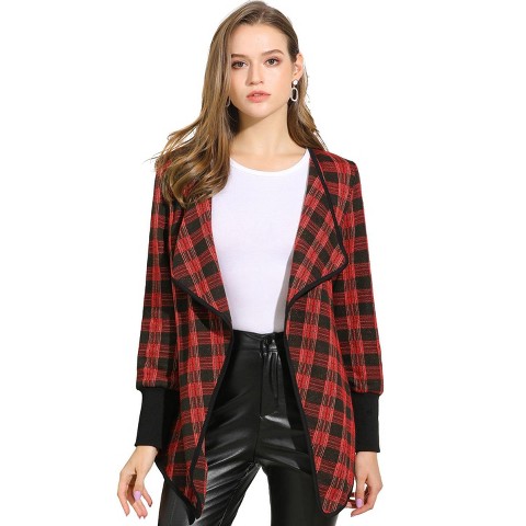 Allegra K Women's Lapel Collar Open Front Long Sleeve Plaid Cardigan Coat Red Large