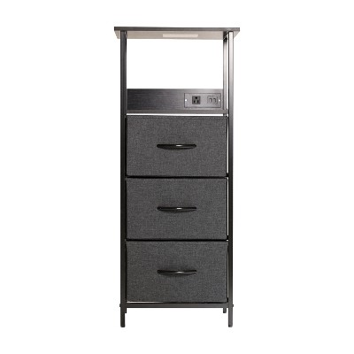 Charcoal Black 3-Drawer Nightstand with USB Charging Station