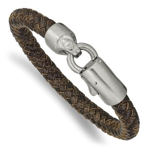 Black Bow Jewelry 8mm Stainless Steel & Distressed Brown Leather Bracelet, 8.25 Inch - 1 of 4