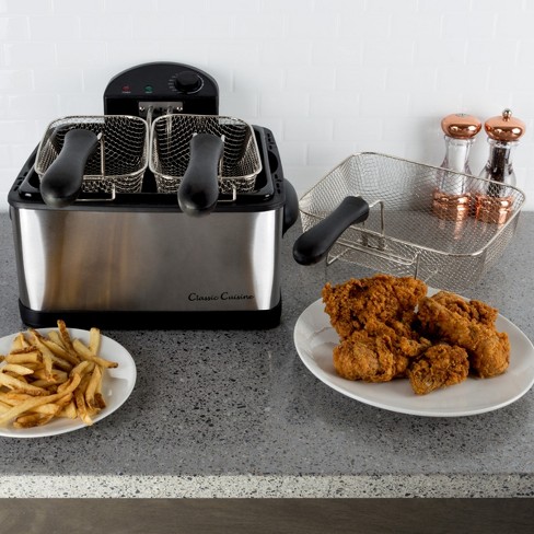 Deep Fryer - 4-Liter Electric Oil Fryer - 1 Large Basket and 2 Small for  Dual Use - Stainless-Steel Cooker by Classic Cuisine