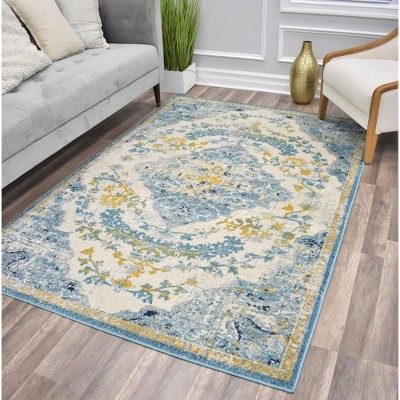 Ivory and Blue Rectangular Synthetic Vintage Area Rug, 5' x 7'