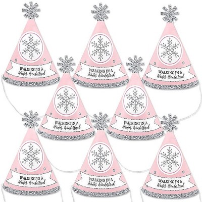 Big Dot of Happiness Pink Winter Wonderland - Mini Cone Holiday Snowflake Birthday Party or Baby Shower Hats - Small Little Party Hats - Set of 8