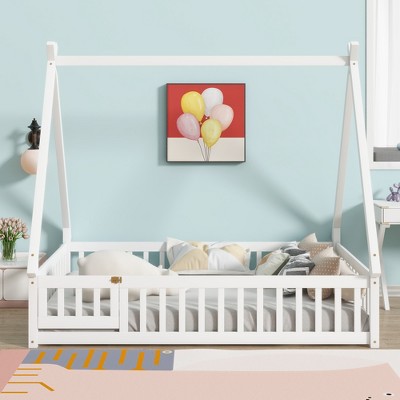TiramisuBest Full Size House Floor Wooden Bed with Roof Frame Safety Guardrails Imaginative Playhouse Design for Kids Bedroom