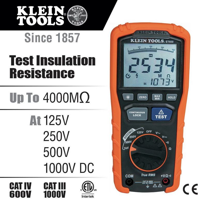 Klein Tools ET600 Cordless Insulation Resistance Tester Kit, 2 of 12