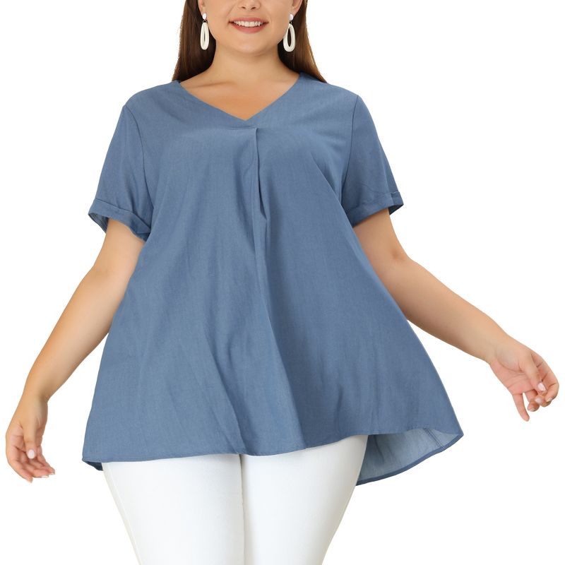 Agnes Orinda Women's Plus Size Casual V Neck Lounge Around Short Sleeve Solid Chambray Blouses, 2 of 7