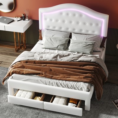 Whisen Upholstered Platform Bed with Tufted Headboard, LED and 2 Drawers