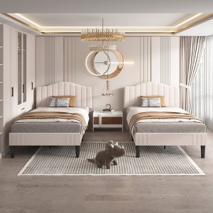 VECELO Bed Frame, Upholstered Platform Bed with Soft Teddy Fabric Adjustable Headboard, Beige/Gray - 1 of 4