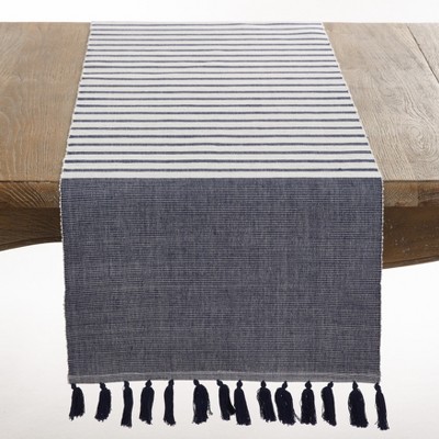 Navy Blue Cotton Ribbed Tassel Table Runner