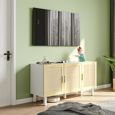 White and Natural Rattan 3-Door Sideboard Buffet Cabinet