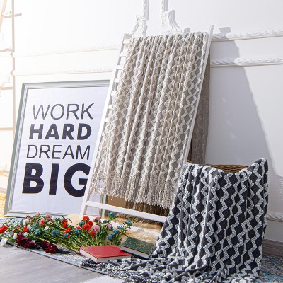 Mustard Yellow and White Acrylic Knitted Throw Blanket with Tassels, 51x67 Inches