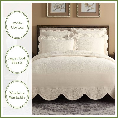 Ivory Cotton King Bedspread Set with Scalloped Edges