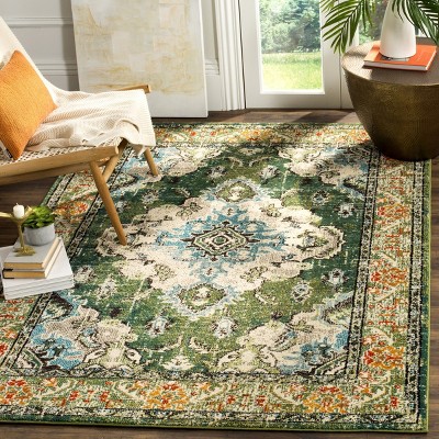 Boho-Chic Forest Green and Light Blue Rectangular Rug