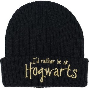 Wizarding Word Harry Potter Hogwarts Cuff Beanie, Jacquad Knit with Metalic Gold Embroidery, Black - 1 of 1