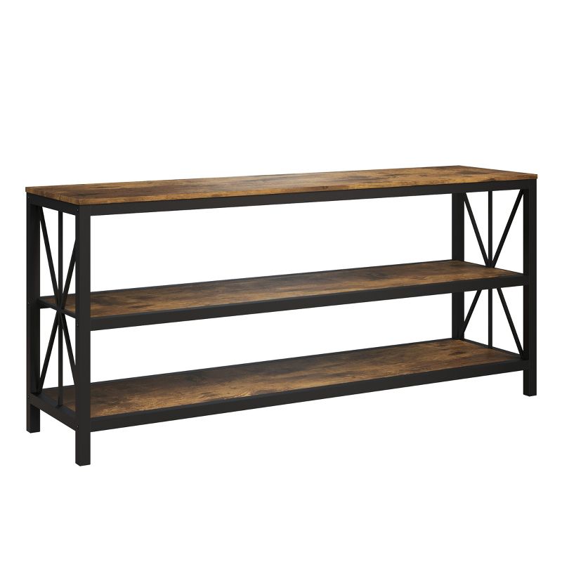 Farmhouse TV Stand – 3-Tier Open Back Entertainment Center for 70-inch Television, Barnwood Media Console Shelves, and Metal Frame by Lavish Home, 5 of 9