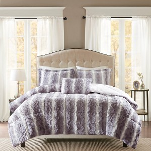 Gulches Zuri 4 Piece Gray Faux Fur Comforter Queen Set with Decorative Pillow - 1 of 4
