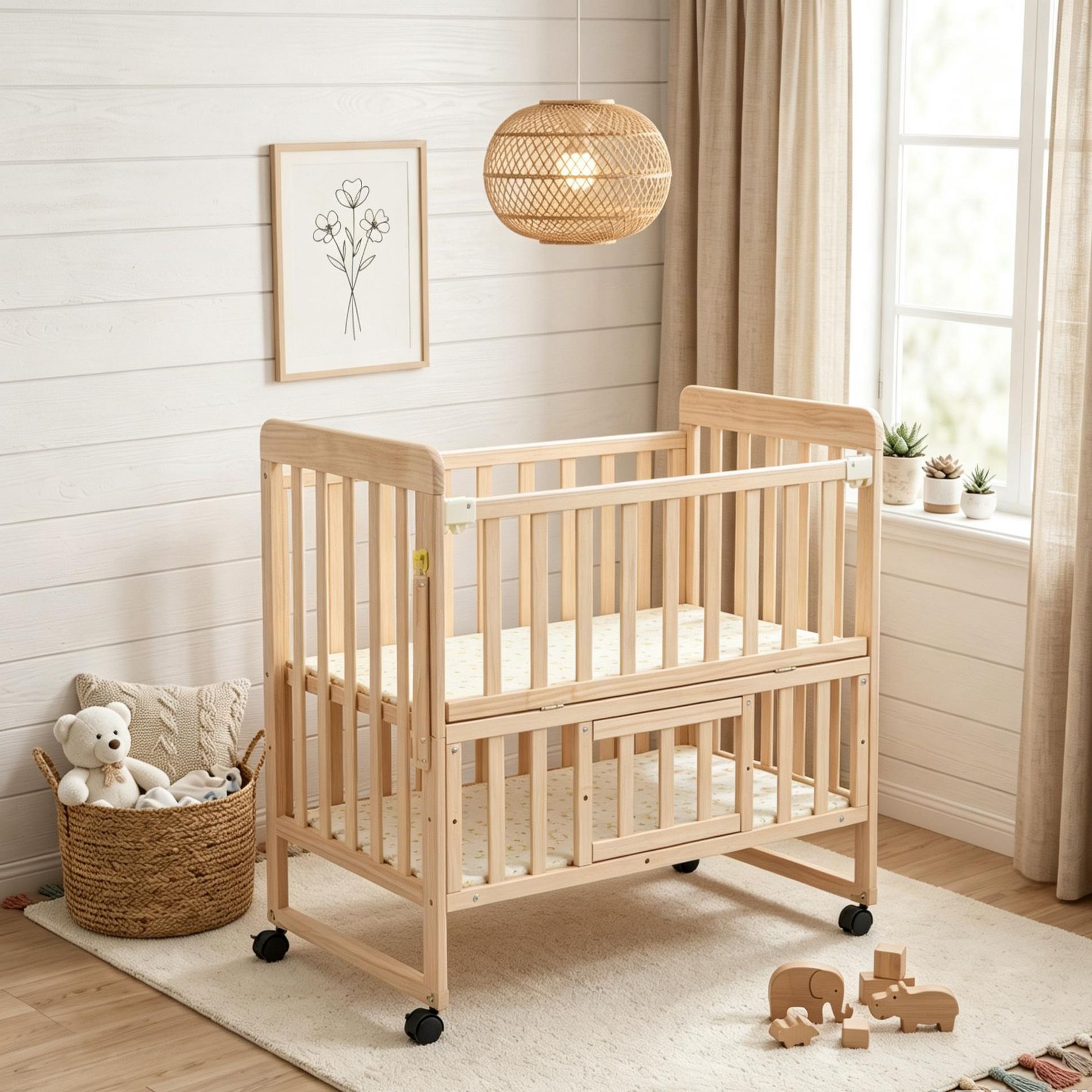GDFStudio Oziel 5-in-1 Convertible Pine Wood Mini Crib with Storage