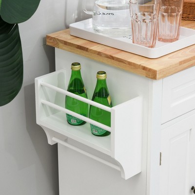 White Wood Kitchen Cart with Butcher Block Top and Storage