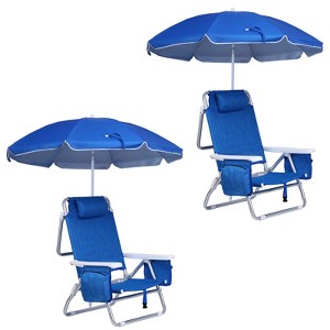 Beach Chair for Adults, Camping Chair, 7-Position Reclining Backpack Beach Chair with Cooler, Cupholder & Umbrella (Blue 2-Pack) - 1 of 4