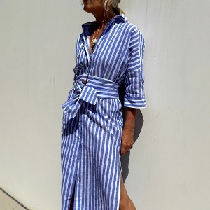 Women Striped Shirt Dress Casual Button Down 3/4 Sleeve Midi Dress with  Belt, Blue, XL : Target
