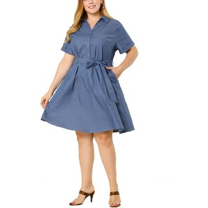 Agnes Orinda Women's Plus Size Relaxed Fit Buttons Belted Short Sleeves Chambray Shirtdress - 1 of 4