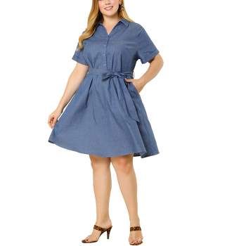 Agnes Orinda Women's Plus Size Relaxed Fit Buttons Belted Short Sleeves Chambray Shirtdress