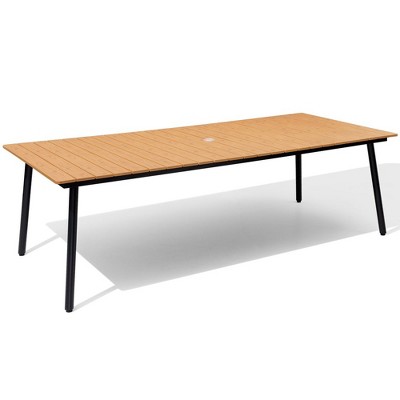 Crestlive Products Outdoor Dining Table Patio Dining Table with Wooden-Like Top and Aluminum Frame, Rectangular Table with Umbrella Hole