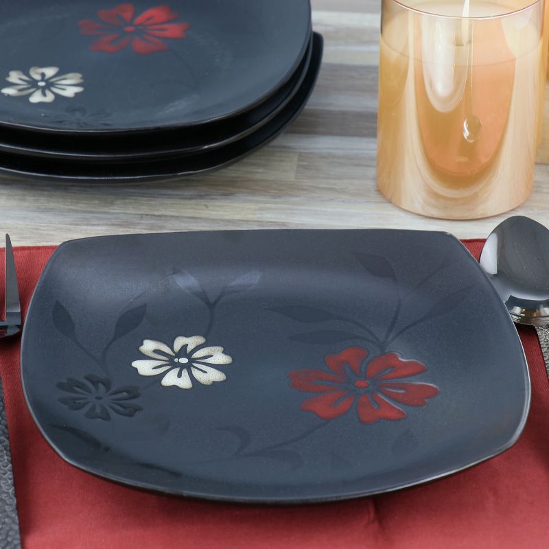 Hometrends Evening Blossom 4 Piece 10.25 Inch Square Stoneware Dinner Plate Set in Black, 5 of 6