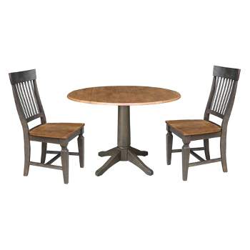 42" Round Dual Drop Leaf Dining Table with 2 Slat Back Chairs Hickory/Washed Coal - International Concepts