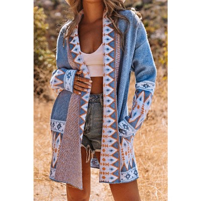 I AM A FASHION JUNKY Blue Geometric Print Open Front Knit Cardigan