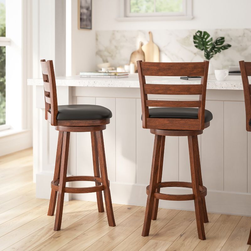 Merrick Lane 30" Classic Wooden Ladderback Swivel Bar Height Stool with Upholstered Padded Seat and Integrated Footrest, 5 of 13