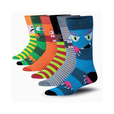 JAMES FIALLO Mens 6-Pairs Cheerful Monsters Design Colorful Patterned Crew Dress Socks
