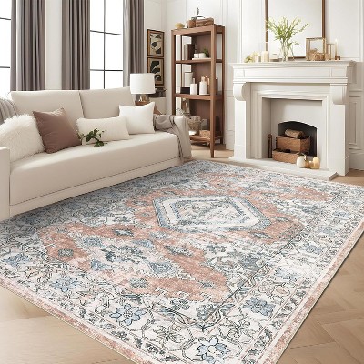 Washable Vintage  Medallion Area Rug, Low-Pile Non-Slip Soft Carpet, Stain-Resistant Accent Rug for Living Room, Nursery, Office