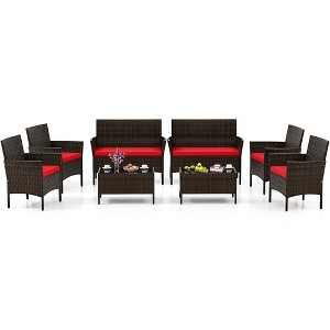 Tangkula 8 Piece Patio Rattan Conversation Set Outdoor Wicker Furniture Set with Chair Loveseat & Tempered Glass Table Cozy Seat Cushions - 1 of 4