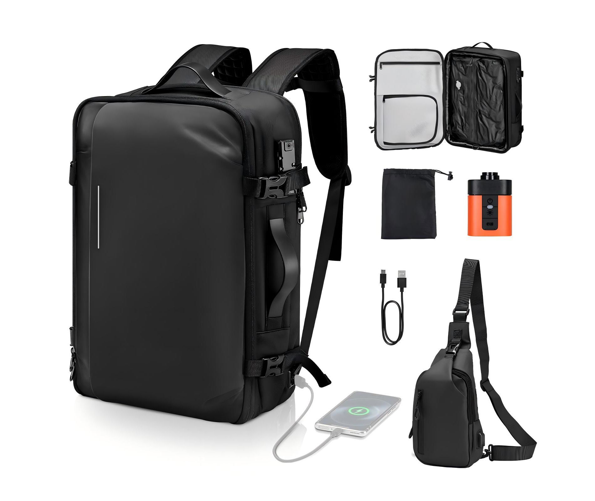 65L Vacuum Travel Backpack with Compression Pump and TSA Lock, Expandable Carry-On Backpack, Black