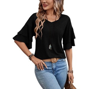 Women's Ruffle Sleeve V-Neck T-Shirt Double Tiered Bell