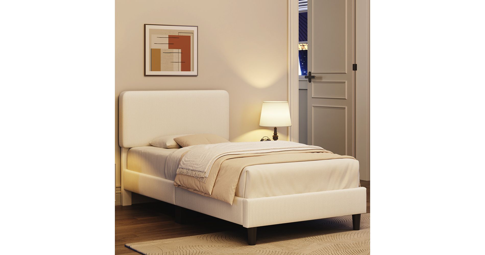 Yaheetech Upholstered Bed Frame, Adjustable Headboard Bed Base with Wooden Slat Support for Bedroom