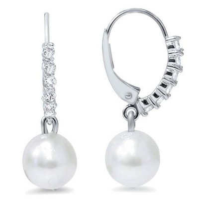 Pompeii3 1/4ct Diamond Dangle Lever back Hoops & Pearl Earrings 14K White Gold