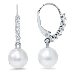 Pompeii3 1/4ct Diamond Dangle Lever back Hoops & Pearl Earrings 14K White Gold - 1 of 3