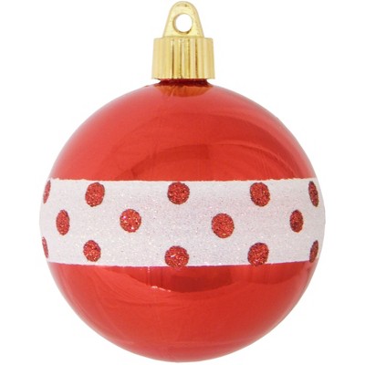 Christmas by Krebs 4ct Red and White Dotted Band Shatterproof Shiny Christmas Ball Ornaments 3.25" (80mm)