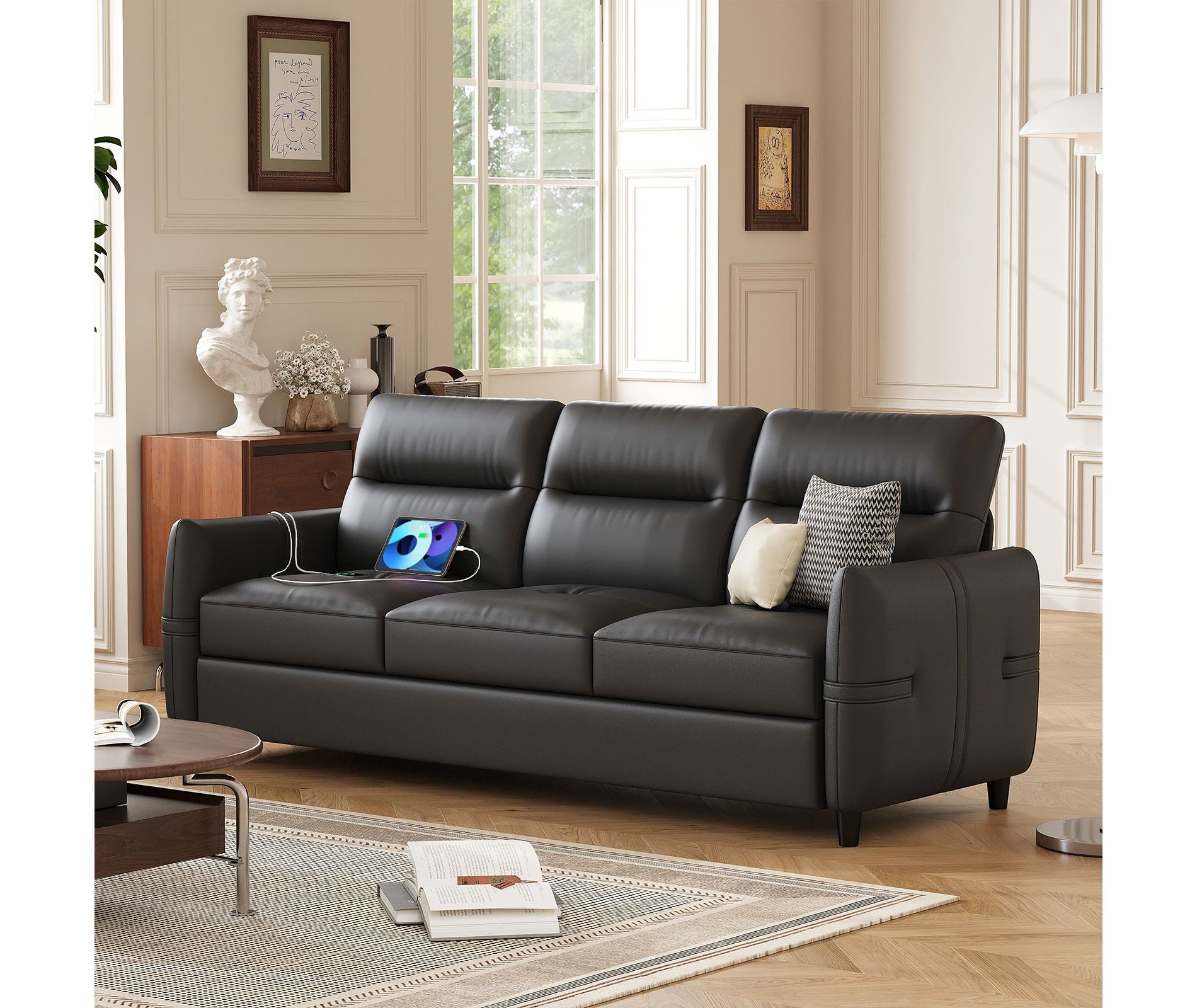 TYBOATLE 85" Faux Leather 3-Seater Sofa with USB Ports, Mid-Century Modern Couch for Living Room, Office, or Apartment – Black