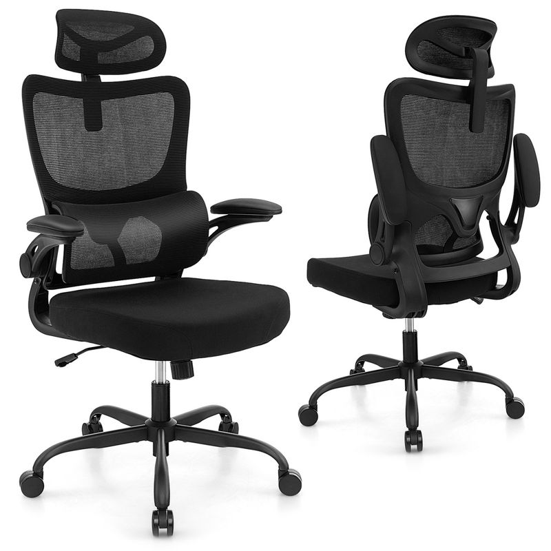 Costway Mesh Office Chair with Adaptive Lumbar Support Flip-up Padded Armrests Headrest, 1 of 11