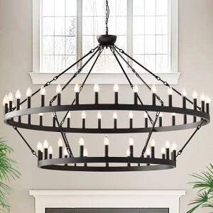 DORESshop 60 in. 54-Light Extra Large Black Wagon Wheel Chandelier, 2-Tier for Dining Room Living Room - 1 of 4