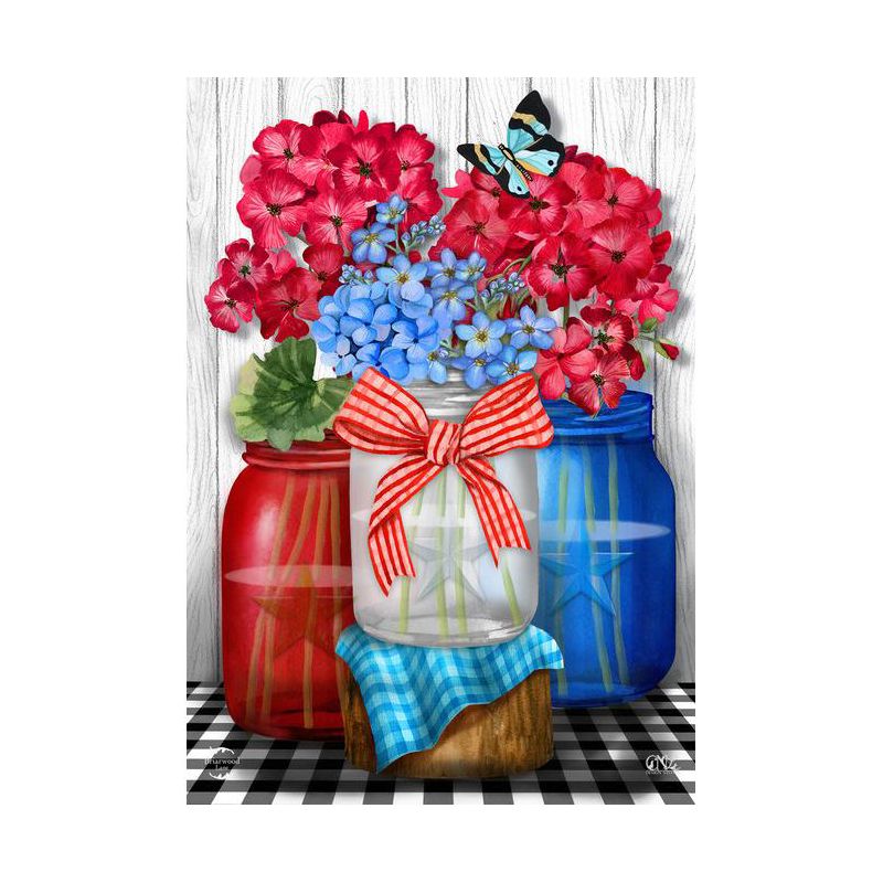 Red White And Blue Jars Floral House Flag Patriotic Checkered 28" x 40" Briarwood Lane, 1 of 4